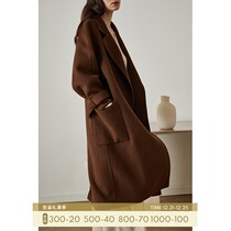 HeyDress Curry Australian wool double-sided tweed coat womens autumn and winter temperament wool woolen tweed long woolen coat