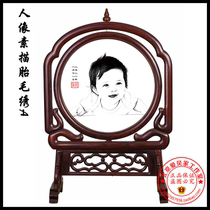 Fetal hair embroidery souvenirs Beijing newborn baby door-to-door full moon haircut Year of the Ox double-sided embroidery portrait Fetal hair embroidery