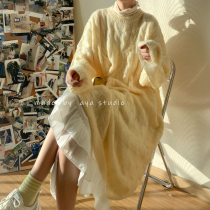 Japanese loose sweater womens pullover spring dress lazy wind long skirt over the knee thick wool dress