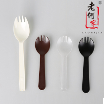 Lao He Jia disposable plastic fork spoon Independent packaging fruit scoop Ice cream cake dessert fork spoon 100