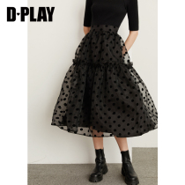 DPLAY de para 2021 autumn new black high waisted gauze dot medium length skirt ins fairy skirt