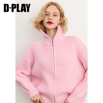 DPLAY2021 autumn and winter New INS sweet pink stand neck zipper cardigan commuter casual shoulder loose coat