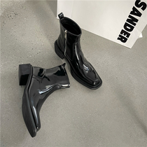 Square Head Short Boots Woman 2021 new plus velvet coarse heel Martin boots trendy cool Girl boots Dark Black Series Zipper Boots women