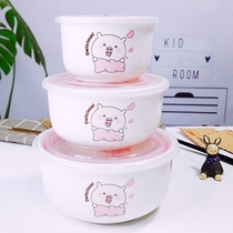 Round preservation box three-piece set of instant noodle bowl ceramic lunch box layered with lid microwave oven special heating lunch box
