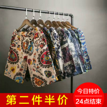 Mens summer cotton five-point pants ethnic wind big flower pants zi cotton hemp beach pants breathable casual loose shorts