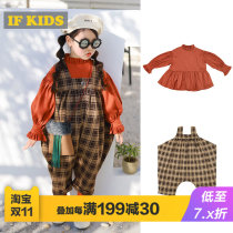 IFKIDS spring new woolen velvet big silhouette strap pants lace sleeve doll shirt