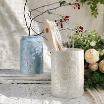 European simple home furnishings pearlescent glaze relief pattern jar flower vase receptacle pen holder Buy full
