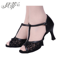 Betty dance shoes 233 (two stars) black imitation leather gauze modern Latin dance shoes womens style in the new spot