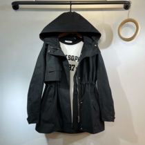 Hooded trench coat womens mid-length 2022 autumn new design drawstring waist small casual work jacket