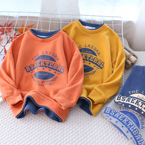 Childrens clothing pure color soft cotton printed sweatshirt boy fake two casual hit bottom blouses spring and autumn round collar fried street tide