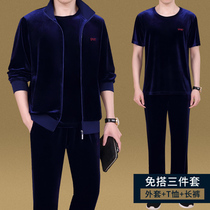 Spring Autumn Big Code Casual Sports Suit Short Sleeve Sweater Gold Velvet Sportswear Suit Comfort Three Sets Dad Dress