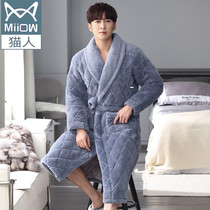 Cat man nightgown male winter three-layer thick long flannel cotton pajamas middle-aged dad autumn and winter thick bathrobe