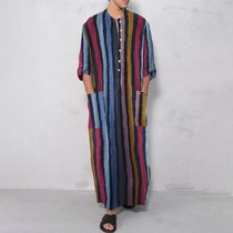 Fall Middle East Long Sleeve Arabic Stripes Printed Muslim Mens Robe Comfort Sensations Pyjamas Sleeping Robes Bathrobe