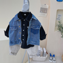 South Korea Dongdaemun Custom 2022 Spring loaded boy Blue Cowboy Horse clip boy turned collar single row of sleeveless blouse