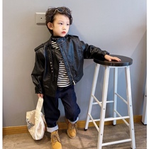 Boy leather clothing 2021 new spring and autumn locomotive style collar Korean version of the big boy short leather coat boy leather jacket