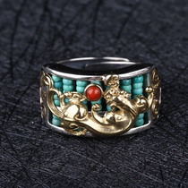 Original fortune brave turquoise silver ring Nanhong live mouth Abacus adjustable National style Chinese style men and women