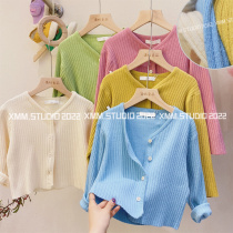 Xiaoxiao Tong Pine Girl with gentle wind V collar knit cardiovert children Korean version High-bounder core yarn jacket 050A