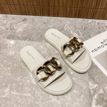  Small ckerwin beige European and American style round head metal buckle sandals~All-match flat casual beach shoes
