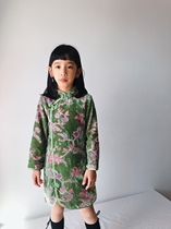 New qipao Girl with long sleeves dress Children advanced country tide autumn and winter ancient wind New Chinese New Year Green velvet Han clothes skirts