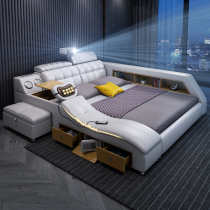 Smart massage tatami bed Master bedroom light luxury leather bed Double bed 2 meters modern simple multi-function wedding bed
