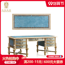 Phoenix Meiju French European luxury all solid wood blue and white gold foil carving Gold study table and chair bookcase