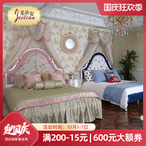 Julian French style European princess style all solid wood carving silver foil pink blue fabric bed dressing table