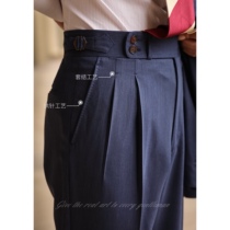 UGENTLE Mens Full Wool High Craft Enamel Classic Blue Retro Paris Buckle High Waist Pants