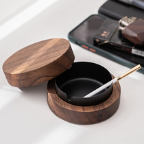 Black walnut ashtray round with cover Nordic wind light luxury home living room covered with smoke-proof solid wood ashtray