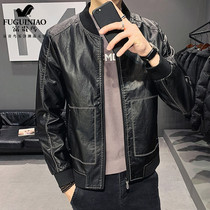 Rich bird high-end light luxury leather jacket mens spring and autumn new Korean version of the trend casual mens slim baseball collar jacket