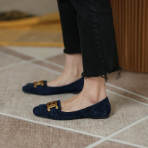 ann it is gentle and elegant ~ soft leather flow Su square head shallow mouth single shoes female metal buckle bean-bean shoes flat bottom 1CM