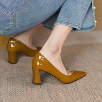 ann it goddess Fan temperament ~ 2022 New high heels female square head lacquered leather genuine leather single shoe coarse heel 6CM