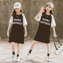 Tide brand girl long short sleeve dress Hong Kong style medium big childrens clothing new Korean version of foreign style T-shirt skirt summer