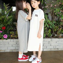 Tide brand girl long skirt over knee straight skirt Hong Kong wind middle child short sleeve cotton mother womens loose dress