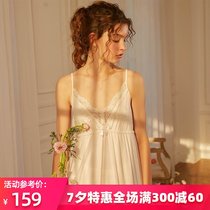 Suspender night dress female summer thin retro mesh lace mid-length sexy V-neck modal fairy home service