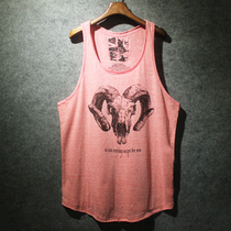 Japanese vintage printed vest men's pink fitness vest men's watermelon red beach vest gray training