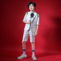 Boy suit suit summer short sleeve boy catwalk small suit flower girl dress childrens piano performance uniform White
