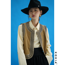 KOKIA aristocratic nomadic temperament fine zhi embroidery side stitching corduroy vest streamlined matching King