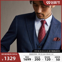 Giyomon pure wool suit suit men Plaid groom wedding dress slim business check suit Blue