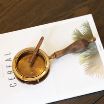 Nordic retro industrial wind India imported brass solid wood handle ashtray copper personalized creative ornaments