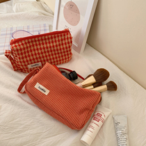 Xin help grocery shop Orange red plaid cosmetics storage bag cosmetic bag large capacity cosmetic bag female portable
