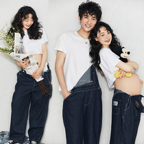 Pregnant woman photo photo clothing Couple wear retro denim backpack pants pregnant woman couple photo photo theme clothing