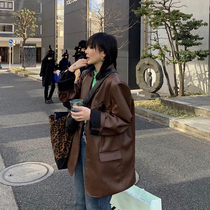 Ace leather jacket womens 2021 Spring and Autumn New Harbor style loose bf retro handsome Puu leather jacket ins top tide