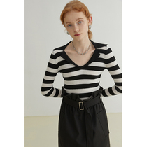 Van Luo 2021 autumn new fashionable Joker slim slim slim Micro Bullet v neck striped sweater womens base coat