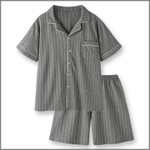 「Japanese-style の無印風」 Japanese simple lapel striped cotton pajamas mens summer short-sleeved plus-size loungewear