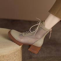 Thin section Martin boots Genuine Leather Mesh Yarn Thick Bottom Cool Boots 2022 Spring Summer Season Hollowed-out High Heel Short Boots Breathable Mesh Boots