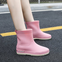 Rain boots womens winter fashion flat bottom tube outside wearing waterproof rubber shoes short tube plus velvet water boots kitchen non-slip rain boots water shoes