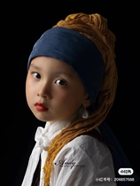 Girl COS hat with pearl earrings wrapped in gauze yellow blue newborn photography baby photo studio
