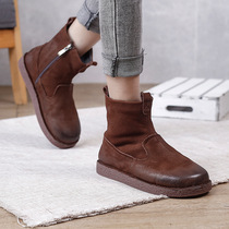 Guangzhou womens shoes 2021 Winter new snow boots round head layer cowhide color beef tendon Lamb hair warm shoes