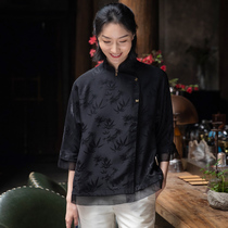 Silk shirt Womens Tang suit Chinese style mulberry silk jacquard spinner loose improved shirt stand collar top female