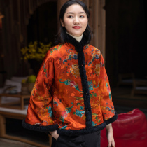 True silk flower Luo Xiangyun yarn spelling Rex rabbit hair flared sleeve Chinese cardigan cotton Tang short cotton clothes womens coat winter